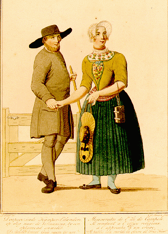'Doopsgezinde Kampereilanders op weg naar de Vermaning, bij een opkomend onweder [...]', ca. 1820, met waterverf ingekleurde litho door [P.H.J.] van der Meulen naar een tekening van L. Seidel, 22 x 15 cm. Gemeentearchief Kampen.